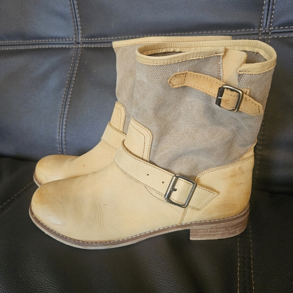 Anthropologie Lockeed Raw Leather & Canvas boots size 8.5 tan buckle shoes - Picture 1 of 10